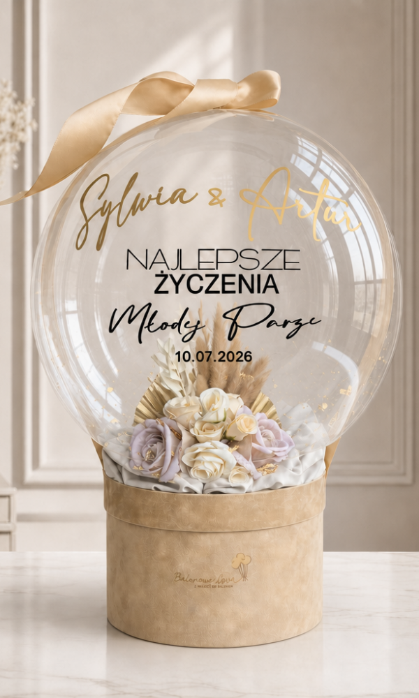 BalonBox wypełniony kompozycją kwiatową - premium prezent dla Pary Młodej z okazji ślubu