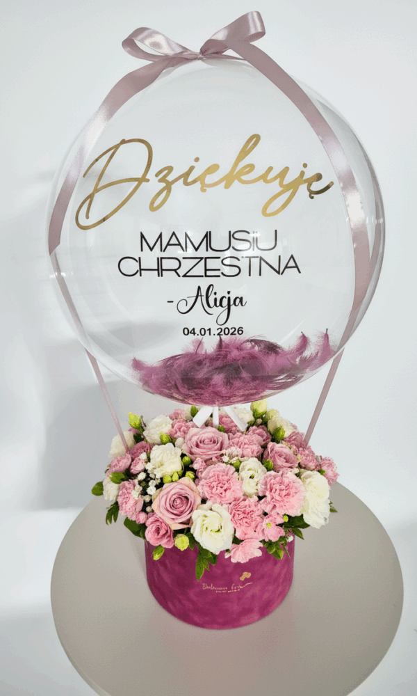 Box z personalizowanym balonem , podziękowanie dla mamy chrzestnej