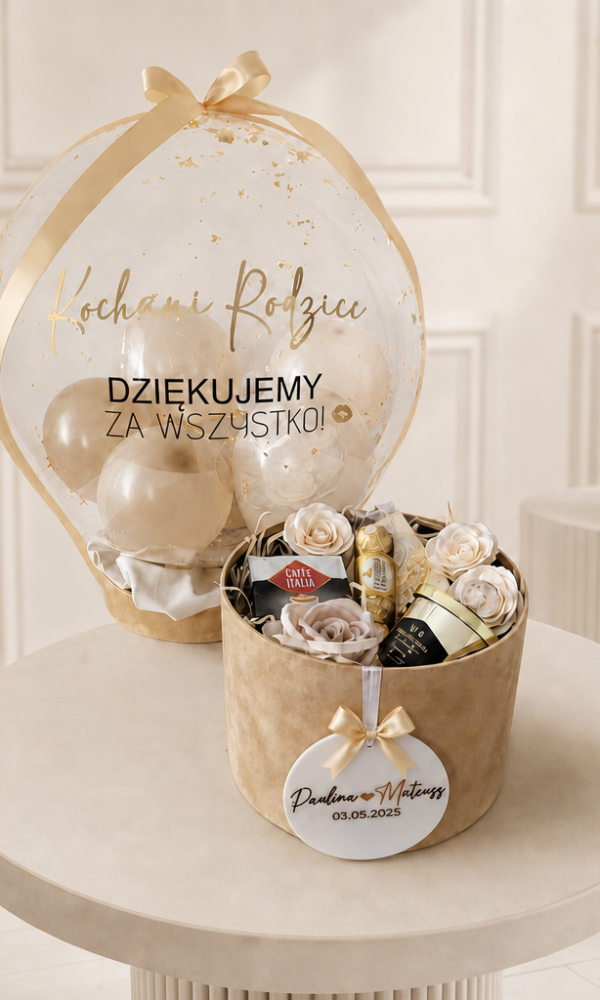 Box z pokrywką + personalizowany balon | Podziękowania dla rodziców na ślubie
